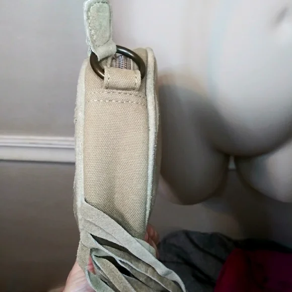 Earthbound Trading Co. Boho Tan Canvas & Studded Suede Fringed Crossbody Purse - Picture 6 of 13